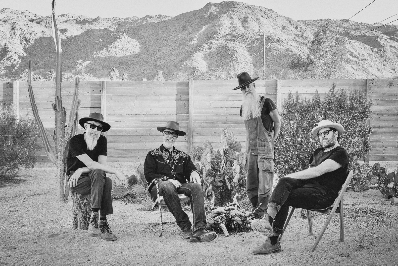 Hi! Desert &mdash; four band members seated among cacti in front of desert mountains